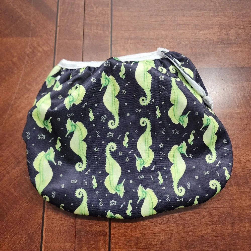 Langsprit Swim Diaper Kids Large Black Green Seahorse Reusable Cloth Snap Pool